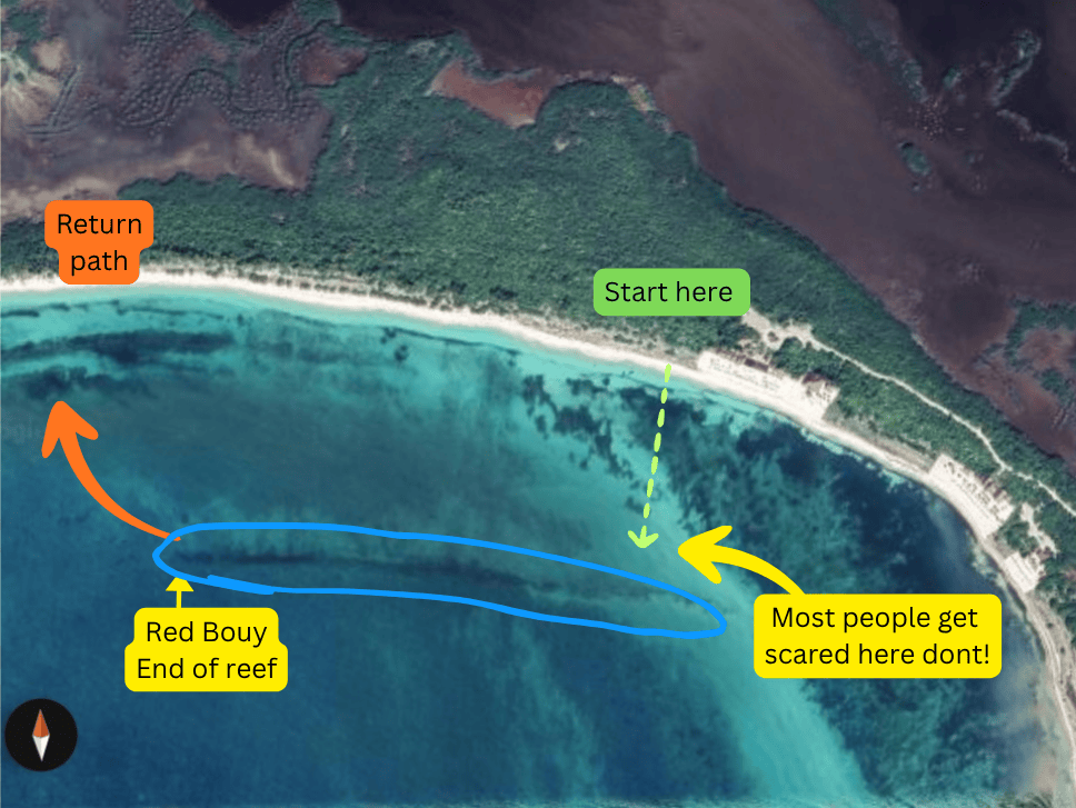 punta-sur-reef-snorkel-swimming-route – Jet Ski Cozumel Aerial map of a beach and reef with a blue circular path labeled End of reef on the left and a yellow warning near the right saying Most people get scared here dont!, green Start here marker by the shore, and an orange return path looping toward the left.