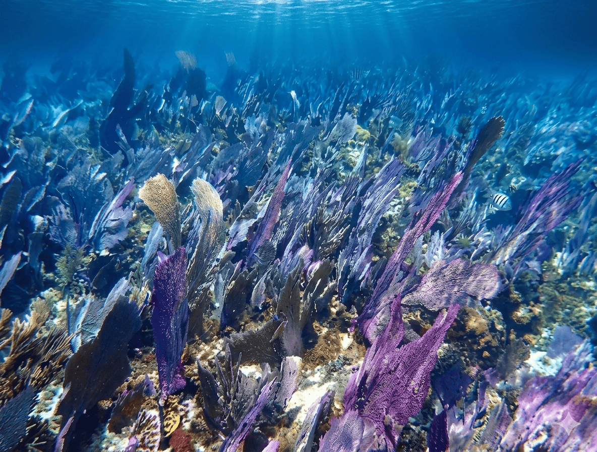 punta-sur-reef-snorkeling-coral-fans – Jet Ski Cozumel Underwater scene showing a meadow of tall purple seaweed or seagrass swaying above a coral reef, with small fish visible in the background