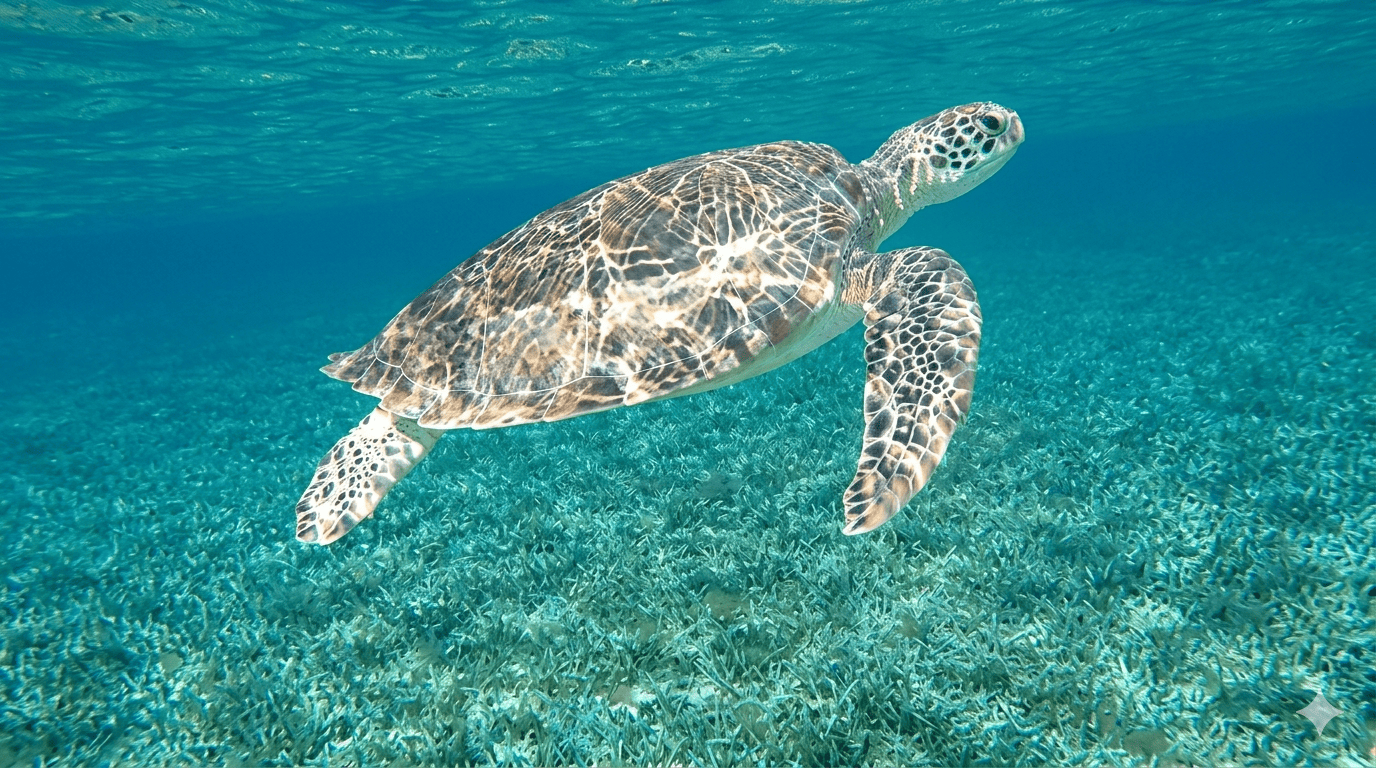 punta-sur-snorkeling-marine-life-turtle – Jet Ski Cozumel Sea turtle gliding over a vibrant seagrass bed in clear turquoise water.