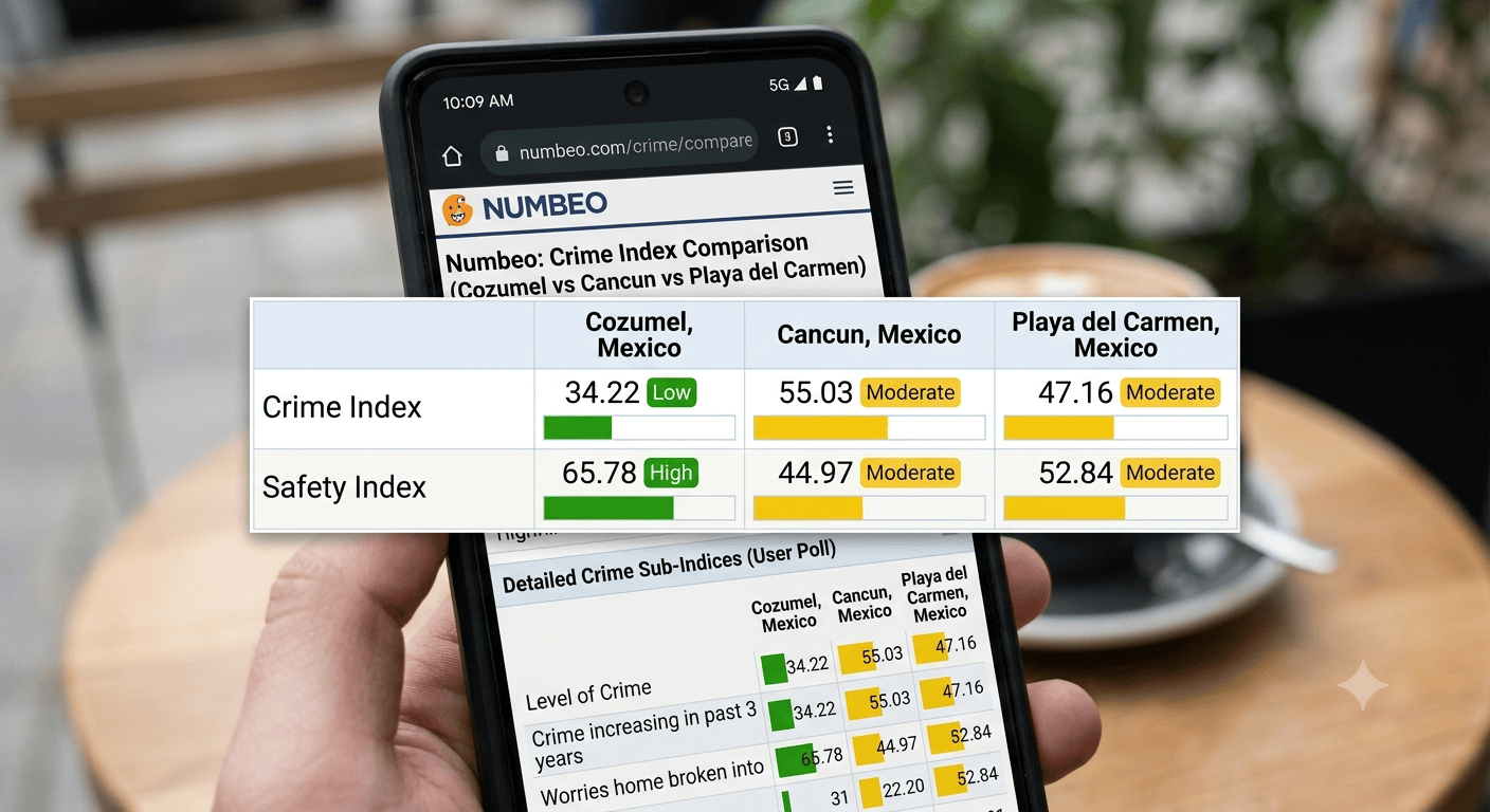 cozumel-crime-index-comparison – Jet Ski Cozumel Smartphone displaying a NUMBEO crime index comparison table over a blurred cafe table background.
