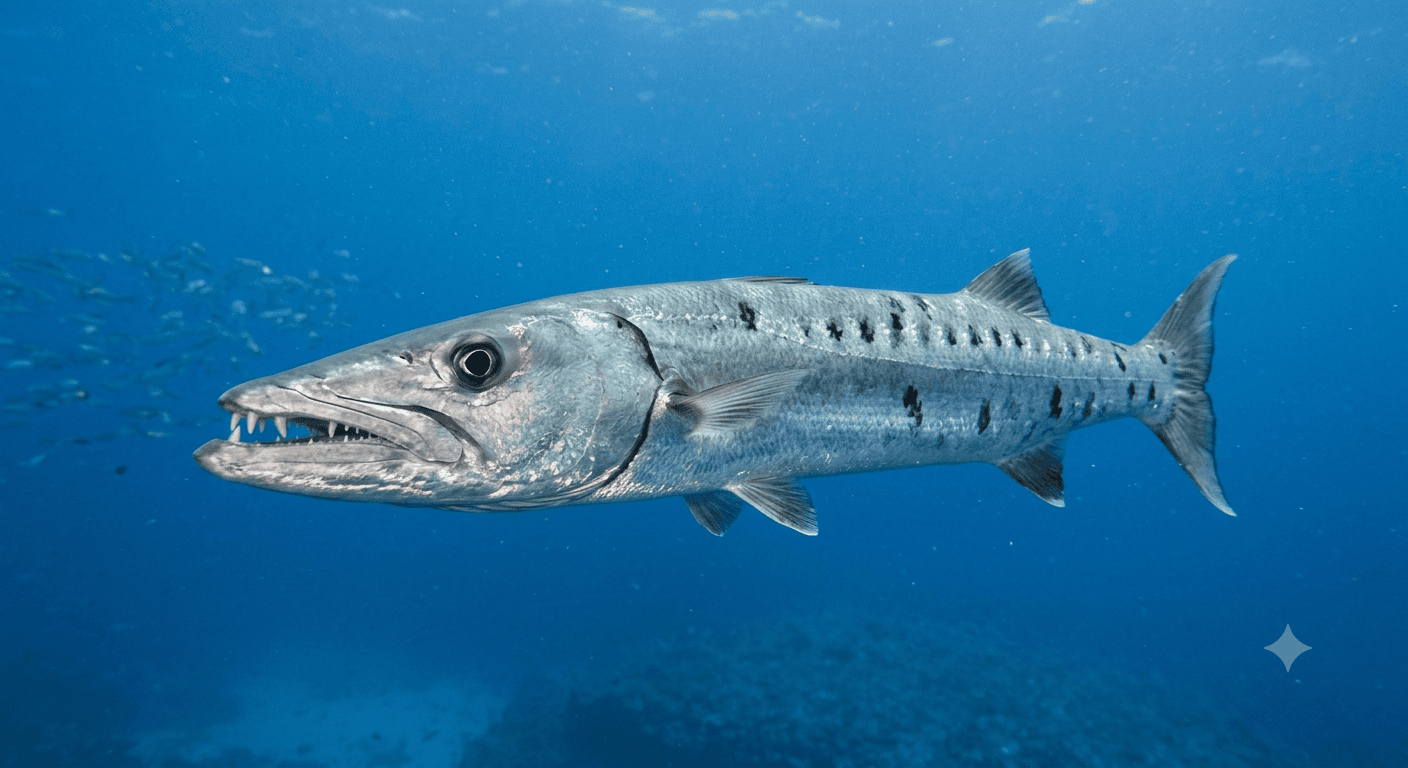 cozumel-fish-barracuda – Jet Ski Cozumel Great barracuda swimming in open blue water, mouth slightly open to show sharp teeth.