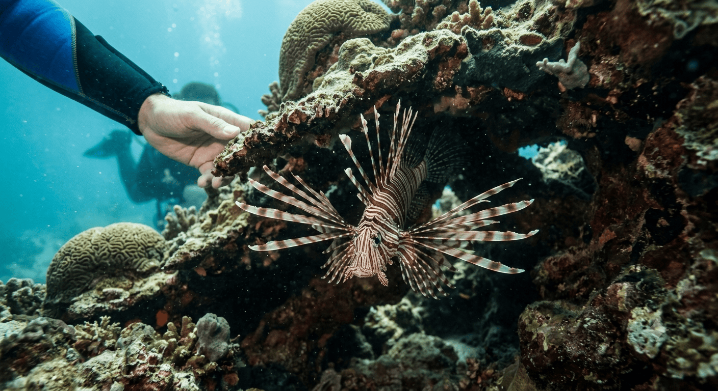 danerous-animals-cozumel-lionfish – Jet Ski Cozumel Lionfish with long striped fins swimming near a coral reef, with a diver's hand visible in the background.