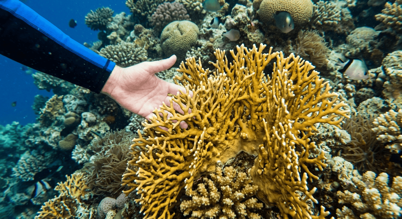 fire-coral-dangerous-marine-life-cozumel – Jet Ski Cozumel Person's hand brushing a vibrant yellow branching coral underwater, surrounded by a diverse coral reef and small fish in the background.